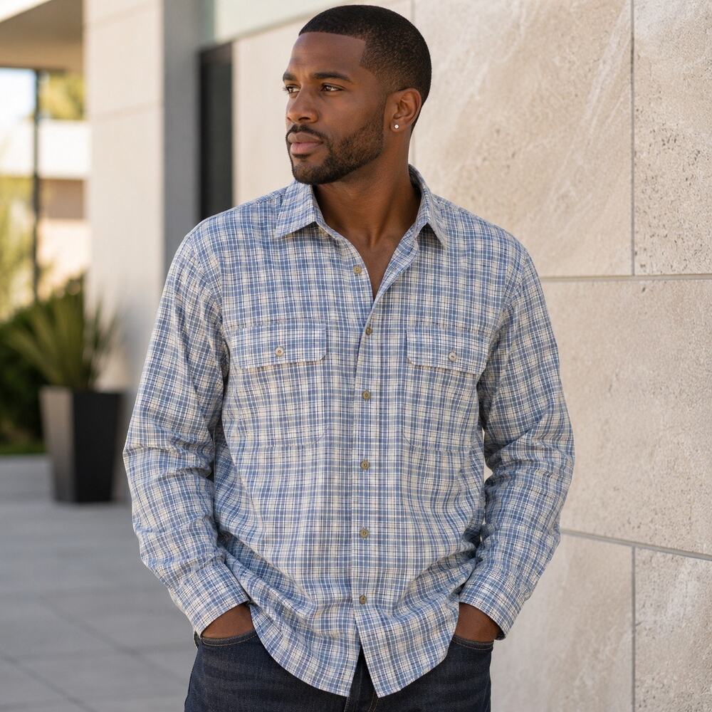 Sean John Medium Plaid Button Front Shirt Blue Casual Urban Streetwear